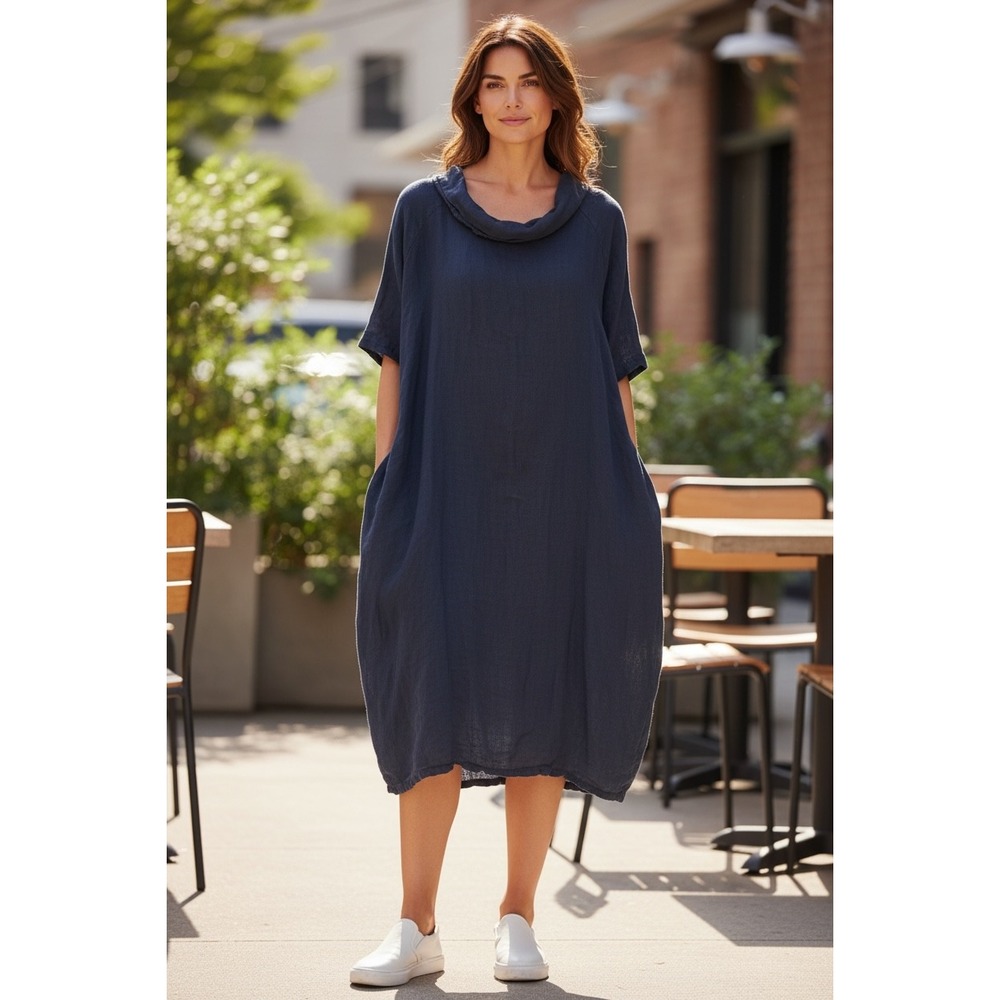 Puro Lino Linen Cocoon Dress Womens OS Navy Blue Button Back Italy